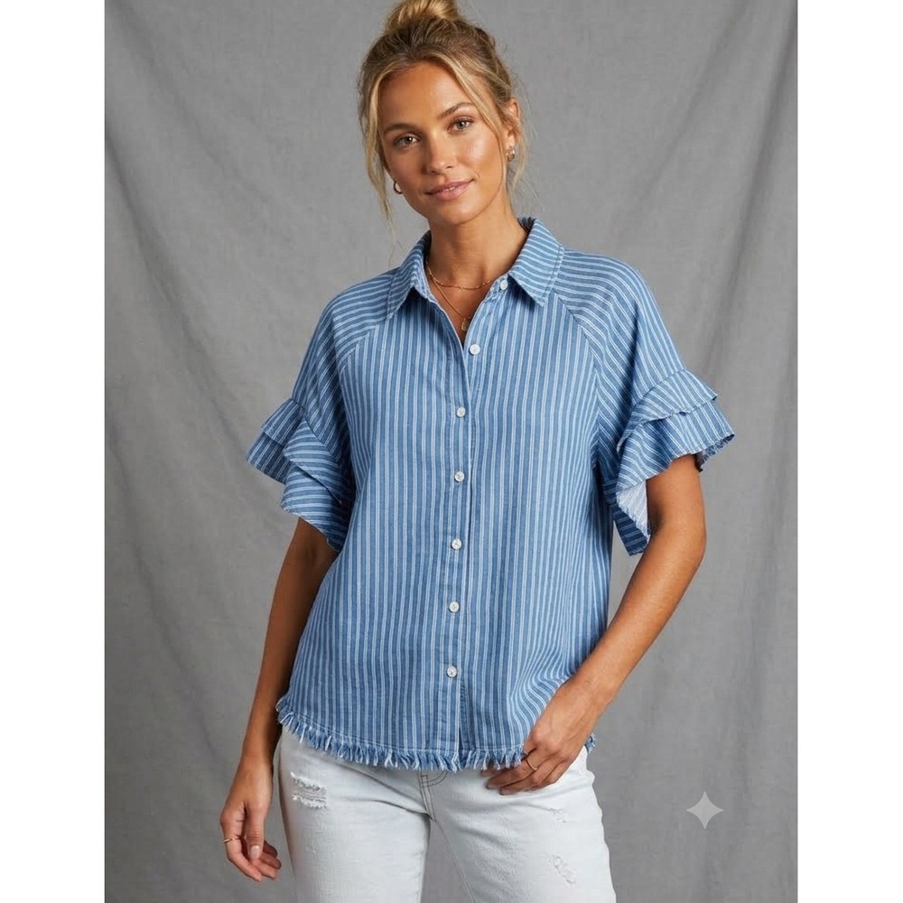 Umgee Striped Ruffle Sleeve Top Women S Blue White Excellent